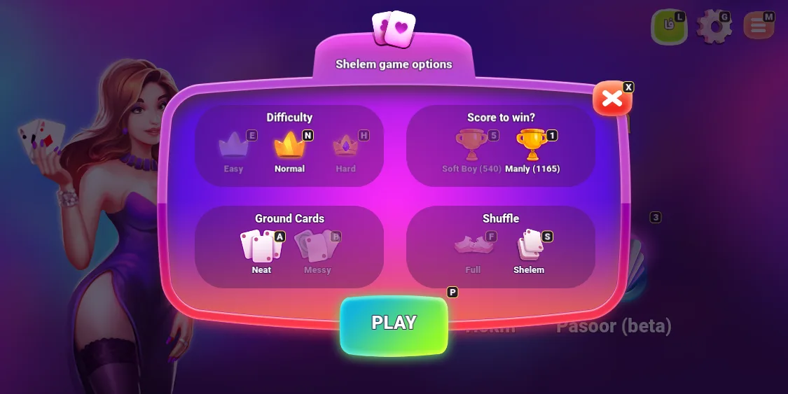 Shelem game options: difficulty, score to win, ground cards, shuffle